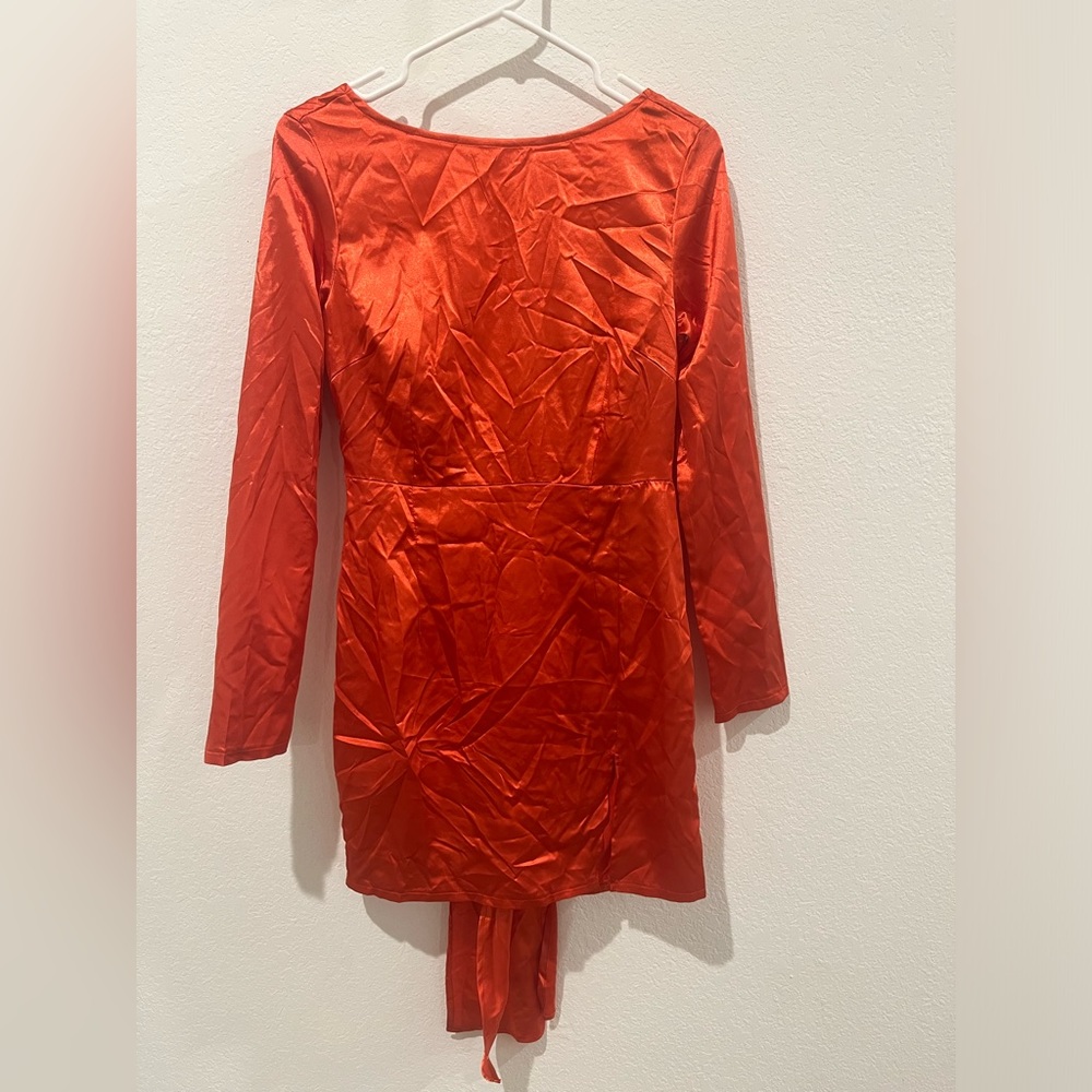 NWT Nasty Gal Red Satin Knot Back Mini Dress Long Sleeve Size Small